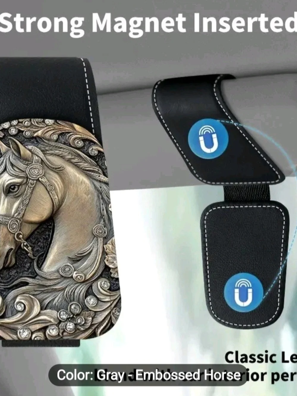 Elegant Leather Embossed Relief Equestrian Horse Head Sun Visor Clip/Card Holder